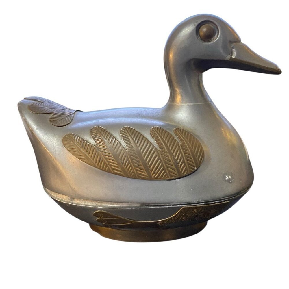 Vintage 1970's Pewter Duck Trinket Box with Brass Overlay Hong Kong 4" x 5" - Picture 9 of 9